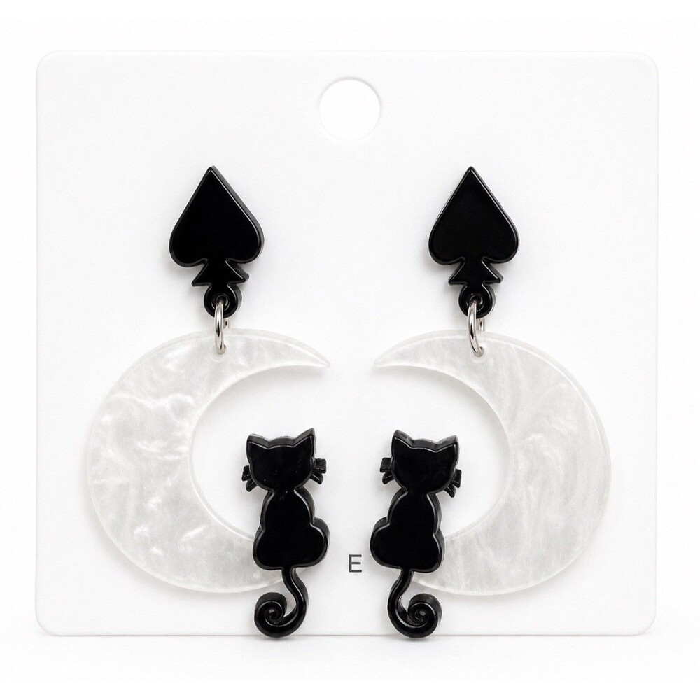 Black Cat Crescent Moon Spade Earrings Gothic Witchy Halloween Acrylic Drop NEW